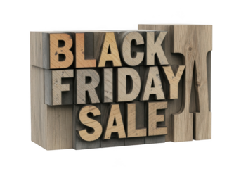 Black Friday Sale Wood Letter Blocks isolated on a transparent background 