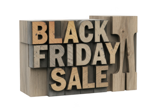 Black Friday Sale Wood Letter Blocks isolated on a transparent background 