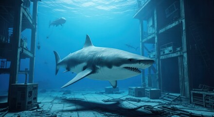Underwater spectacle: a great white shark exploring a submerged industrial complex revealing the