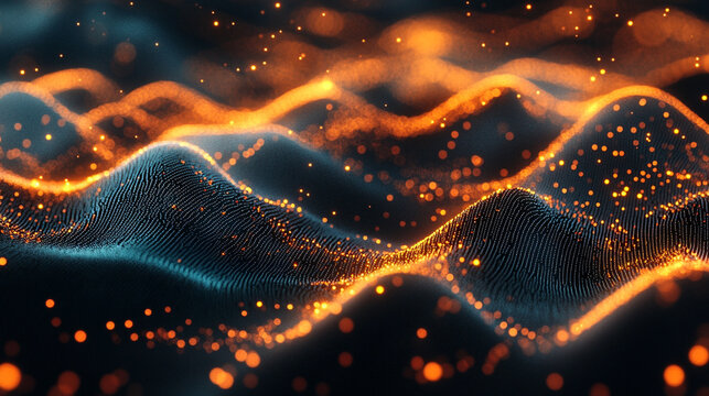 Dynamic visualization of glowing digital particles flowing in stream like data transmission futuristic concept of technology information transfer and abstract digital network design