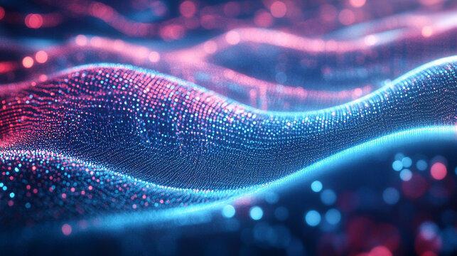 Dynamic visualization of glowing digital particles flowing in stream like data transmission futuristic concept of technology information transfer and abstract digital network design - Powered by Adobe