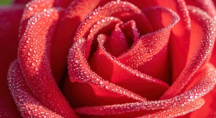 A breathtaking close-up of a vibrant red rose adorned with glistening water droplets evoking