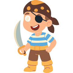 Cartoon Child Pirate With Eye Patch Bandana and Sword Holding Weapon Against White Background Playful Character