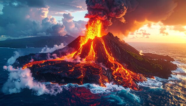 Volcanic Eruption on a Tropical Island with Lava Flowing into the Ocean