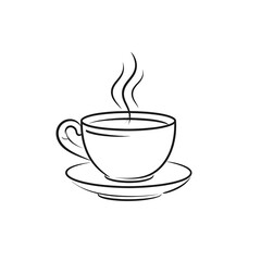 Obraz premium Line drawing of a teacup with steam rising from the liquid, sitting on a saucer. The graphic is monochrome against a white background