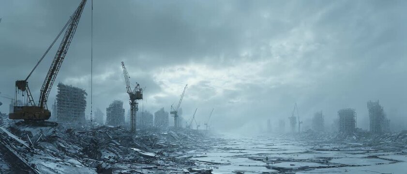 Snowy futuristic city with towering structures and wind turbines in a cold, dystopian landscape