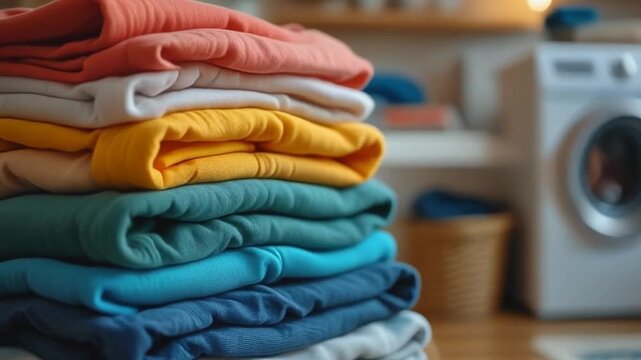 A stack of colorful, freshly folded clothes with a washing machine in the background.