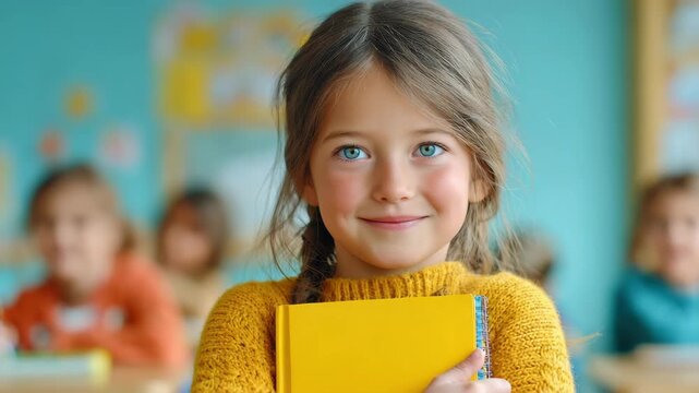Teacher growth mindset student girl smiling in classroom holding notebook inspiring warmth and confidence from young student