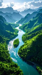 Aerial view of a winding river flowing through lush green mountains
