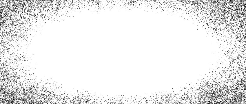 Sand grain gradient texture. Stippled radial border overlay. Fading sprayed dot frame background. Grange dotted noise pattern wallpaper with zoom effect. Vector vignette grainy halfton patern backdrop