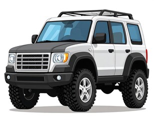 White and black cartoon SUV with large tires and a roof rack