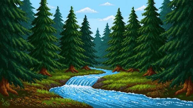 Pixelated illustration of a forest scene with a clear stream flowing through it, under a blue sky