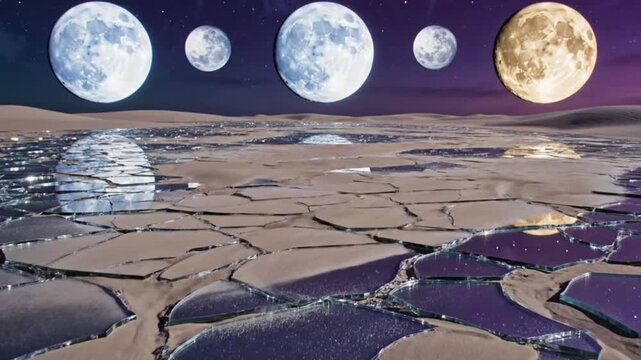 Surreal lunar landscape featuring multiple moon phases above cracked reflective desert terrain creating a mystical cosmic atmosphere