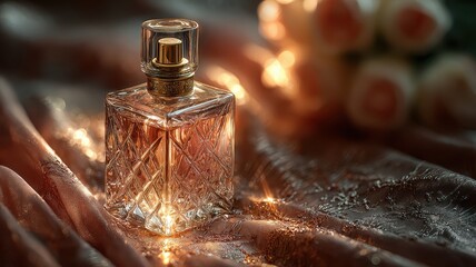 Elegant Glass Perfume Bottle on Silk Fabric with Soft Lighting