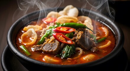 Hearty and savory Asian beef soup with red and green chilies, herbs, and crispy crackers, served steaming hot in a dark bowl