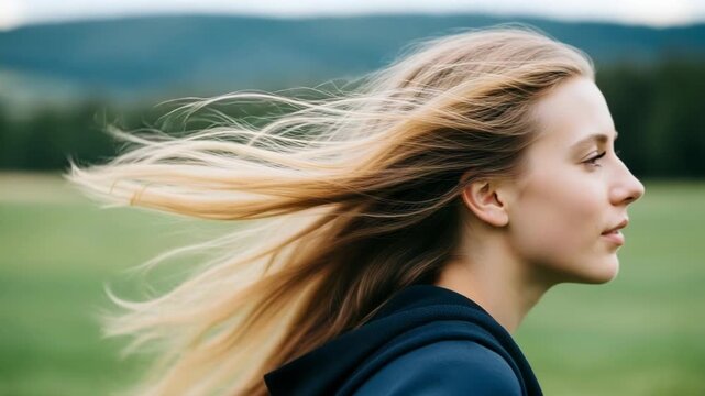 Young woman with blonde hair blowing in the wind outdoors