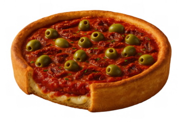 Deep dish pizza with thick crust, rich tomato sauce, green olives, and sun-dried tomatoes, transparent background
