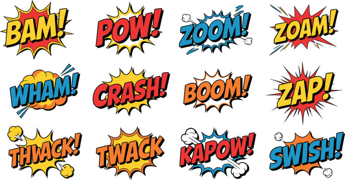 Comic sound effect text, colorful pop art explosion, retro cartoon action words, dynamic comic book lettering, vibrant onomatopoeia design, playful comic style graphics
