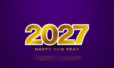2027 Happy New Year Gold design on purple luxury background.