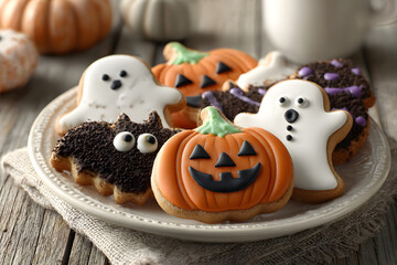 Halloween gingerbread cookies in plate on wooden table