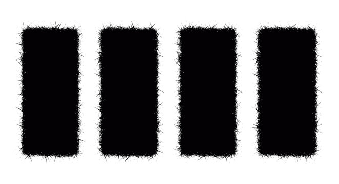 Grunge Bar Code Elements: Set of Four Distressed Black Vertical Rectangle Shapes with Rough, Hairy Edges and Texture