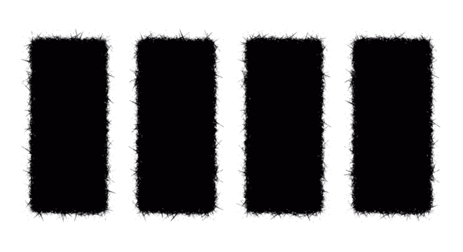Grunge Bar Code Elements: Set of Four Distressed Black Vertical Rectangle Shapes with Rough, Hairy Edges and Texture