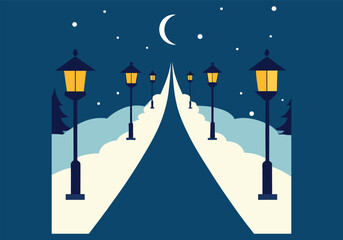 A winter night scene with a snowy path and streetlights, a peaceful and serene illustration of a winter landscape