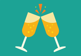 Two champagne glasses toasting with orange bubbles on a teal background for a festive celebration or special occasion