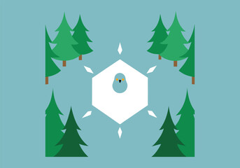 A stylized owl in a snowy forest with green trees and a light blue background for a wintery scene