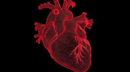 Anatomical heart rendered as a wireframe conveys medical technology and cardiology research, expressing diagnostics, biometrics and healthcare innovation.
