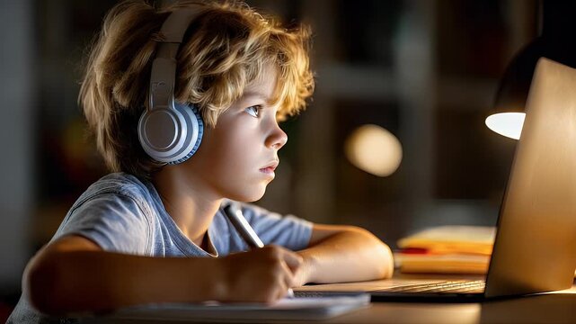 Young person using laptop computer with headphones