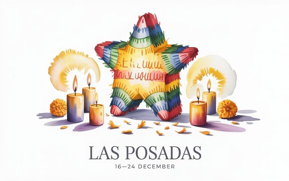 Las Posadas Pi&ntilde;ata, Candles, and Confetti Watercolor