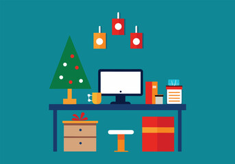 A cozy home office decorated for christmas with a tree, gifts, and festive ornaments, creating a warm and inviting workspace