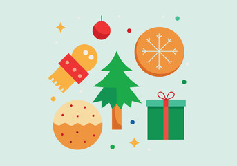 A whimsical collection of christmas ornaments, including a gingerbread man, snowflake, and gift, arranged on a soft pastel background
