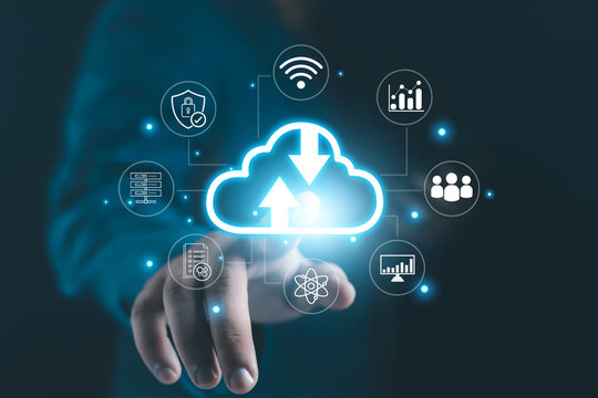 Businessman hand touching glowing cloud computing icon with network connection, data analysis, and cybersecurity symbols, representing digital transformation, technology innovation, and online data