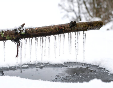 Delicate icicles hang precariously from a tree branch over a partially frozen puddle in winter