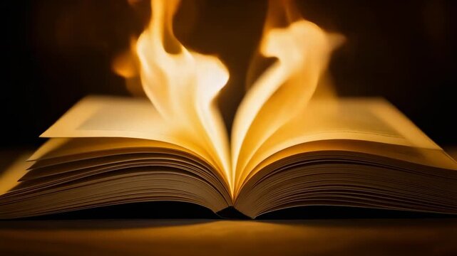 Beautifully illuminated open book with warm pages and dark background for reading enthusiasts