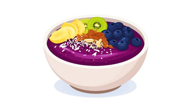 Healthy fruit smoothie bowl with fresh toppings, white background