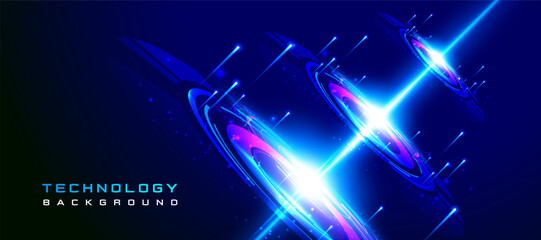Futuristic technology background with glowing neon rings and blue digital light beams. Perfect for innovation, sci-fi concepts, and modern digital designs. banner, web, presentation