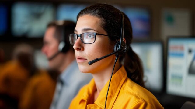 Focused emergency dispatcher in headset during critical operations in control room