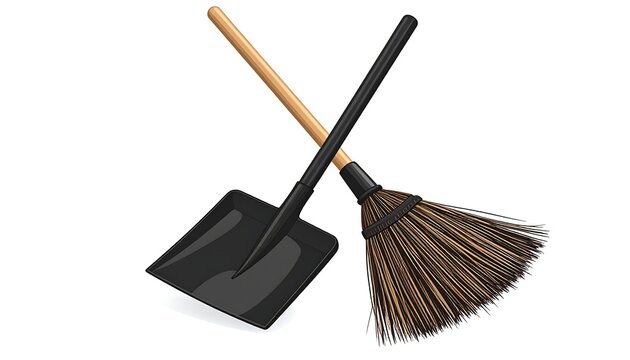 Illustration of cleaning tools on a white background. A black dustpan and a broom are crossed