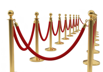 A row of gold stanchions with red velvet ropes, isolated on transparent background