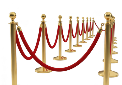 A row of gold stanchions with red velvet ropes, isolated on transparent background