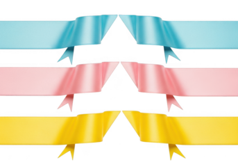 Three colorful satin ribbons, blue, pink, and yellow, arranged in a symmetrical pattern, isolated on transparent background