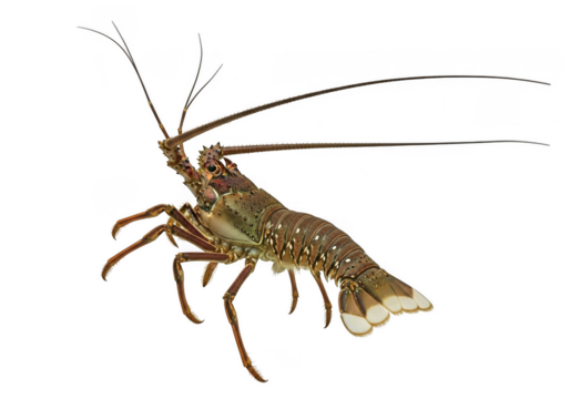 A spiny lobster with long antennae and segmented tail, isolated on transparent background