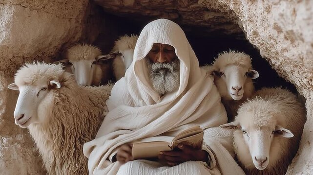 Man with sheep in cave spiritual concept biblical allegory religious theme