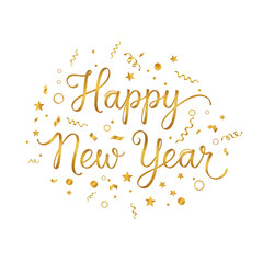 Obraz premium Golden Happy New Year calligraphy with festive confetti, stars, and dots on a white background, celebrating the holiday season.