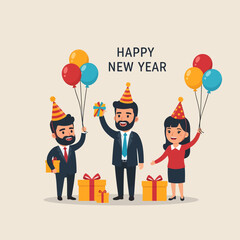 Three business people celebrating New Year with party hats, balloons, and gifts, wishing a happy new year.