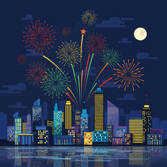 A vibrant illustration of a city skyline at night with colorful fireworks exploding above the buildings and a full moon in the sky, reflecting in the water.
