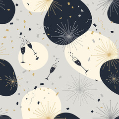 A festive seamless pattern featuring champagne flutes, golden fireworks, and scattered confetti on a light grey background, perfect for celebrations.